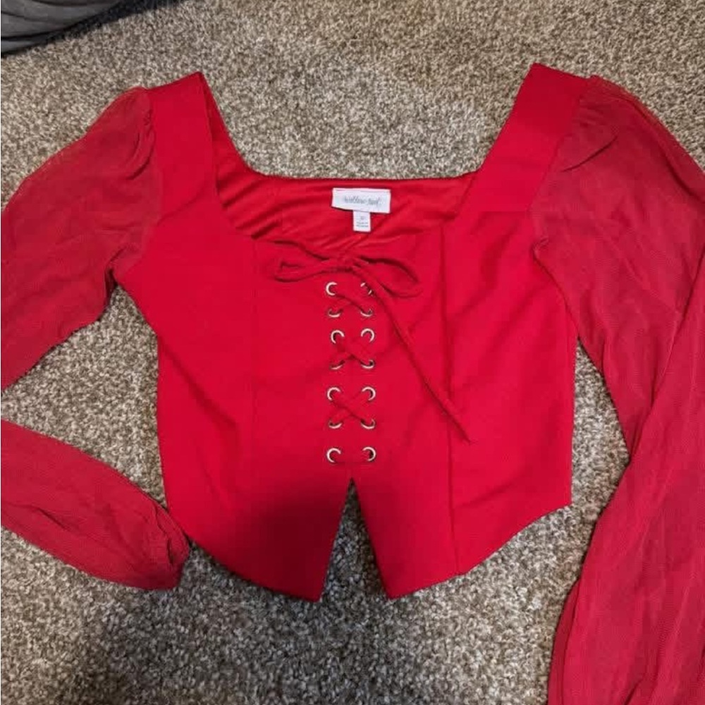 Square-Neck Lace-Up Red Long Sleeve Top